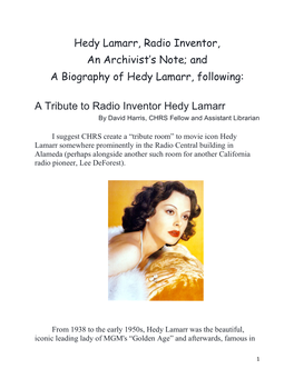 Hedy Lamarr, Radio Inventor, an Archivist's Note