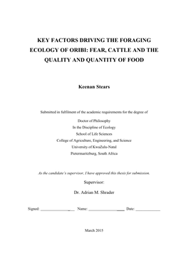Key Factors Driving the Foraging Ecology of Oribi: Fear, Cattle and the Quality and Quantity of Food