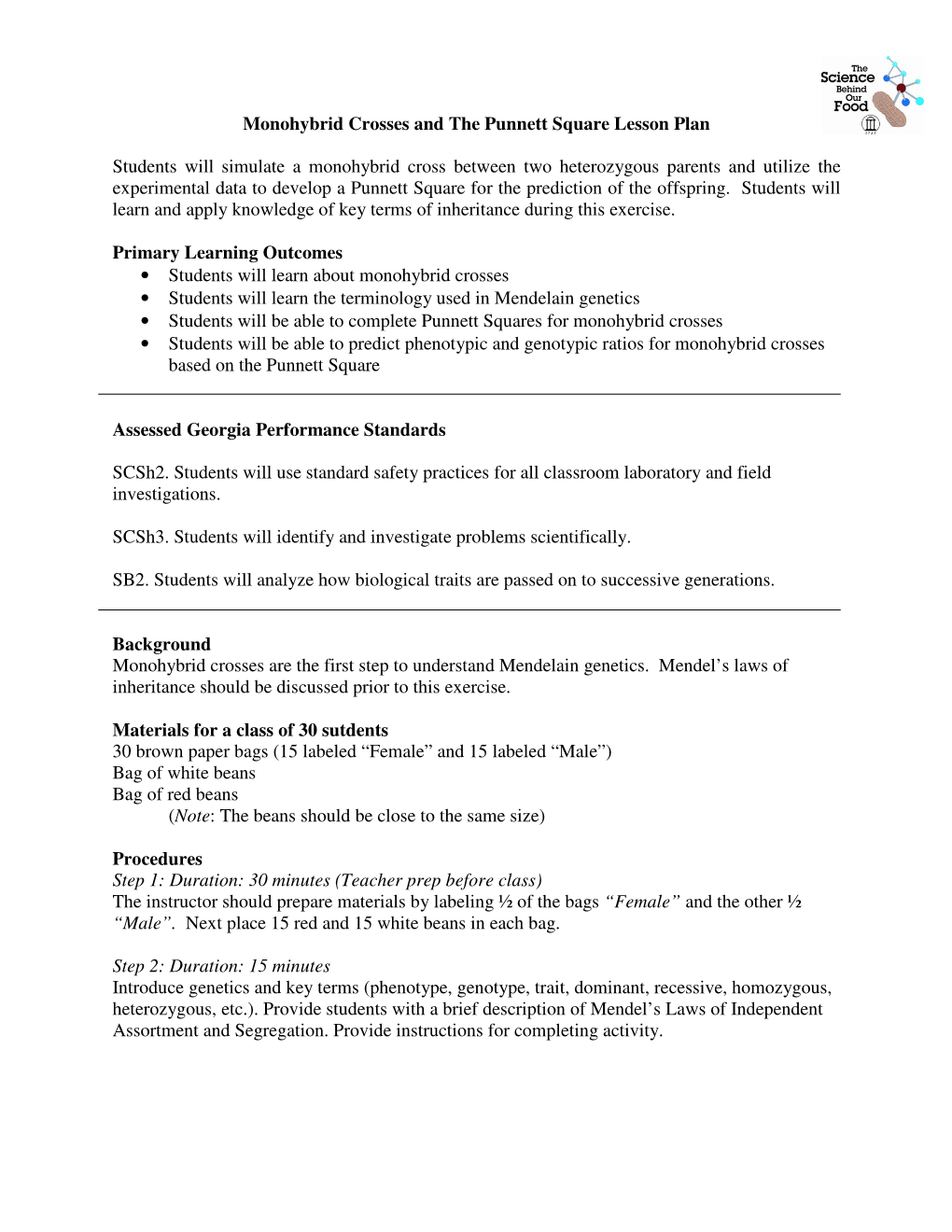 Monohybrid Crosses and the Punnett Square Lesson Plan