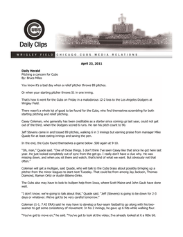 April 23, 2011 Daily Herald Pitching a Concern for Cubs By: Bruce Miles