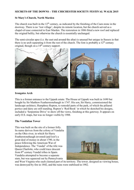 SECRETS of the DOWNS – the CHICHESTER SOCIETY FESTIVAL WALK 2015 St Mary's Church, North Marden the Church Was Built In