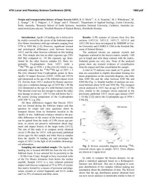 Origin and Transportation History of Lunar Breccia 14311. R. E. Merle1,2, A