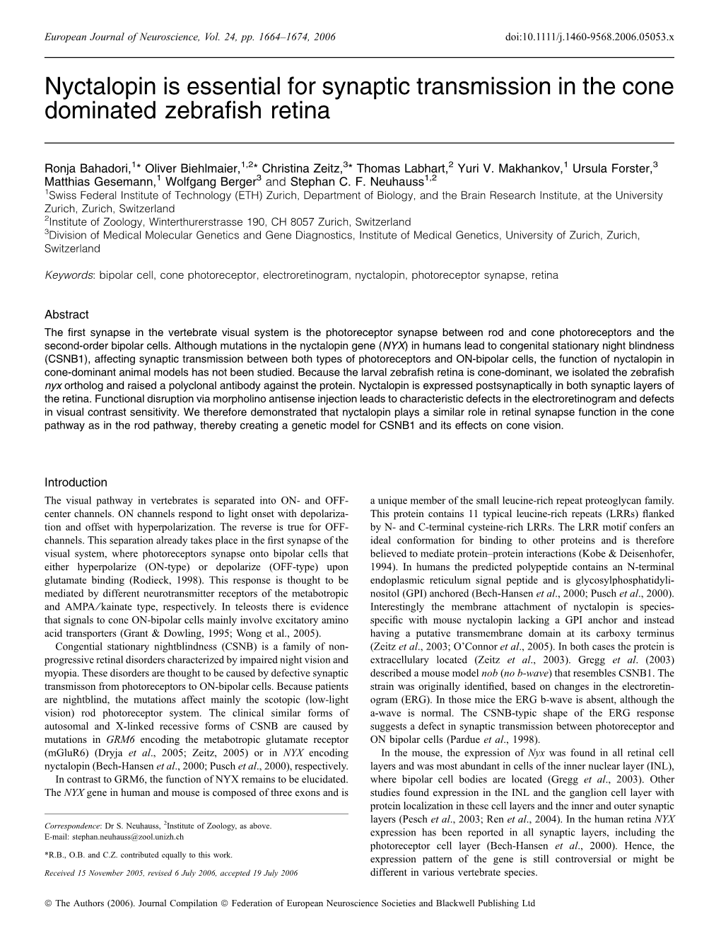 Nyctalopin Is Essential for Synaptic Transmission in the Cone Dominated Zebraﬁsh Retina