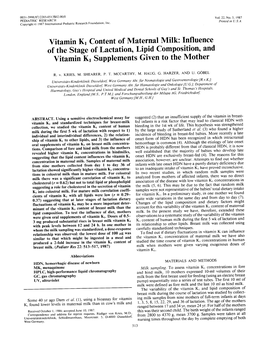 Vitamin K1 Content of Maternal Milk: Influence of the Stage of Lactation, Lipid Composition, and Vitamin KI Supplements Given to the Mother