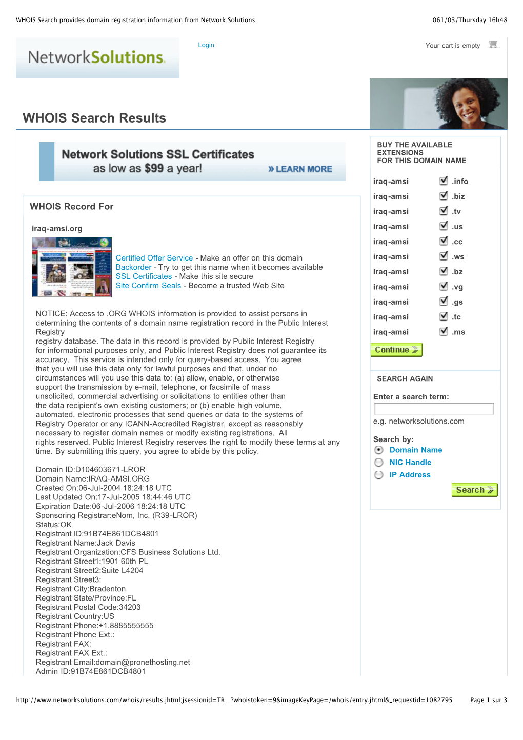 WHOIS Search Provides Domain Registration Information from Network Solutions 061/03/Thursday 16H48