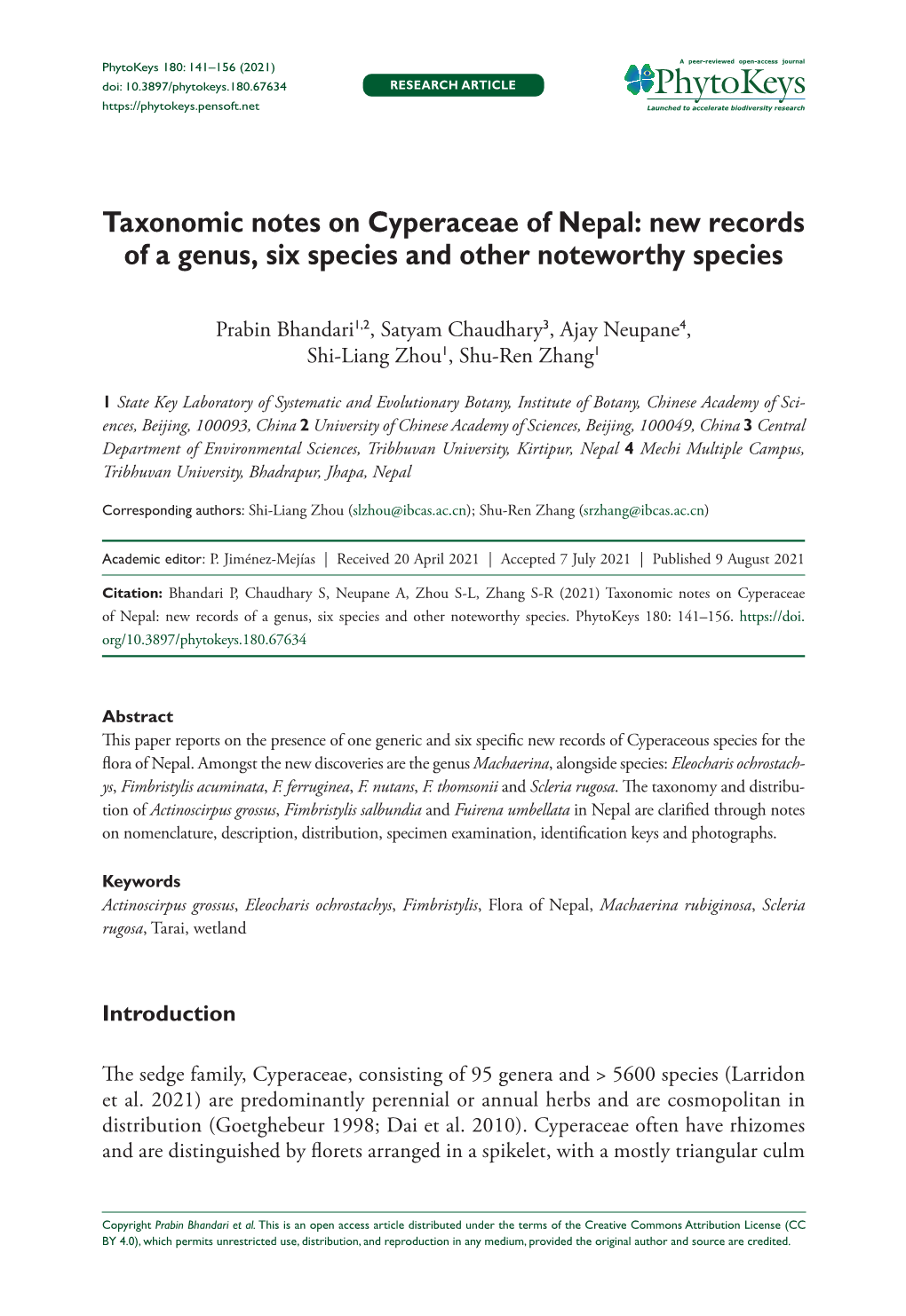 Taxonomic Notes on Cyperaceae of Nepal: New Records of a Genus, Six Species and Other Noteworthy Species