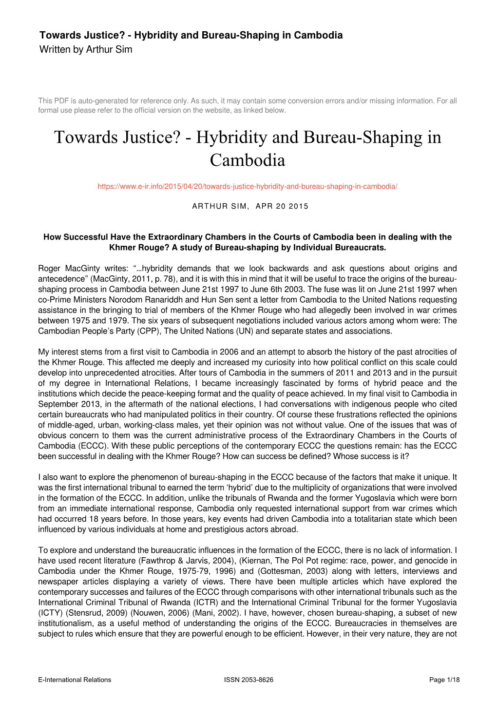 Towards Justice? - Hybridity and Bureau-Shaping in Cambodia Written by Arthur Sim