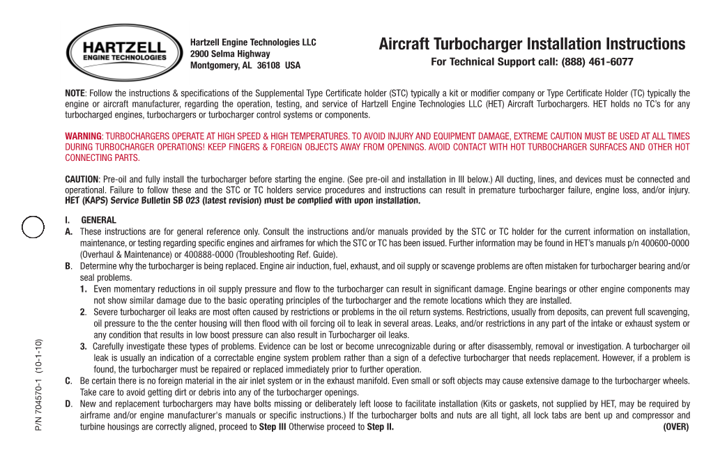 Aircraft Turbocharger Installation Instructions 2900 Selma Highway Montgomery, AL 36108 USA for Technical Support Call: (888) 461-6077