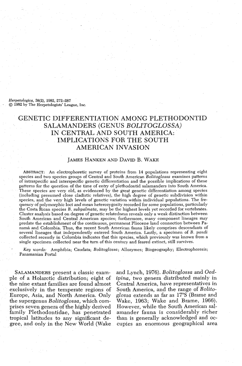 Genetic Differentiation Among Plethodontid Salamanders (Genus Bolitoglossa) in Central and South America: Implications for the South American Invasion