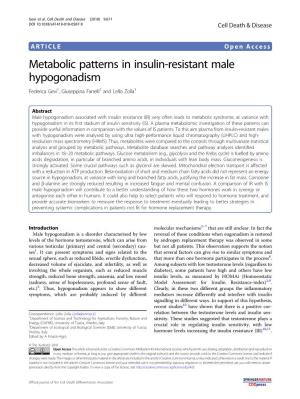 Metabolic Patterns in Insulin-Resistant Male Hypogonadism Federica Gevi1, Giuseppina Fanelli2 and Lello Zolla1