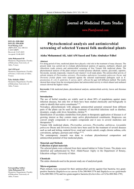 Phytochemical Analysis and Antimicrobial Screening of Selected Yemeni Folk Medicinal Plants