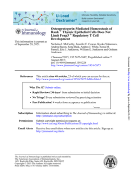 Osteoprotegerin-Mediated Homeostasis of Rank+ Thymic Epithelial Cells Does Not Limit Foxp3+ Regulatory T Cell Development