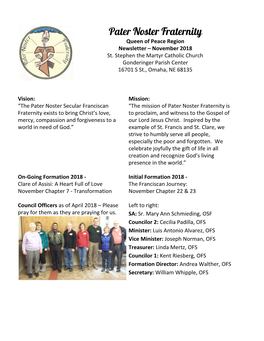 Pater Noster Fraternity Queen of Peace Region Newsletter – November 2018 St