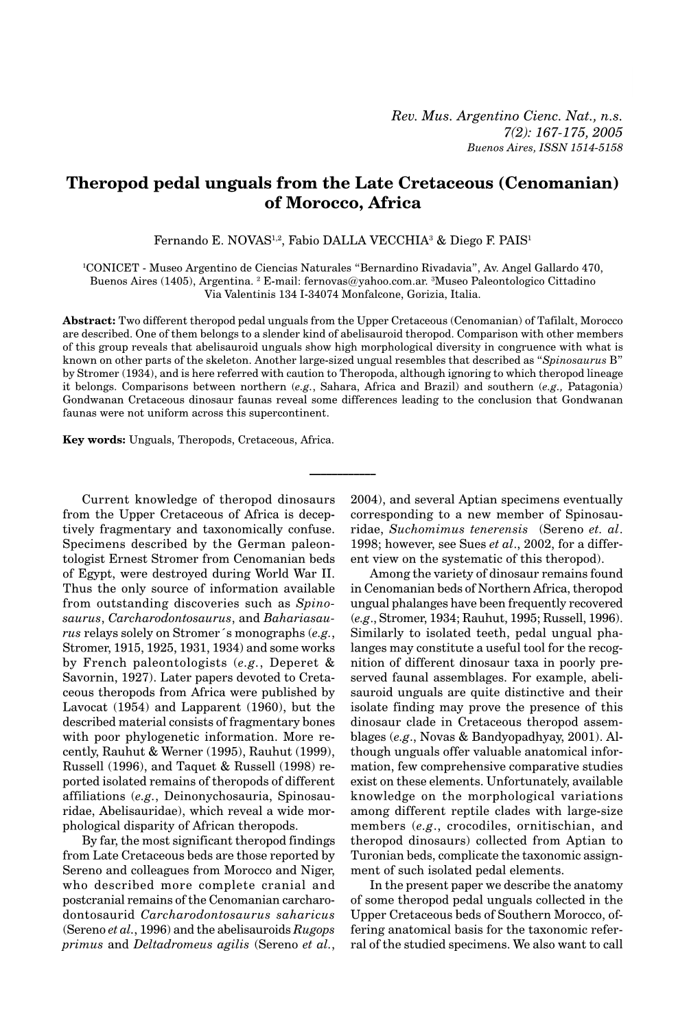 Theropod Pedal Unguals from the Late Cretaceous (Cenomanian) of Morocco, Africa