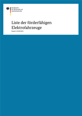 Liste Der Förderfähigen Elektrofahrzeuge Stand: 23.09.2021