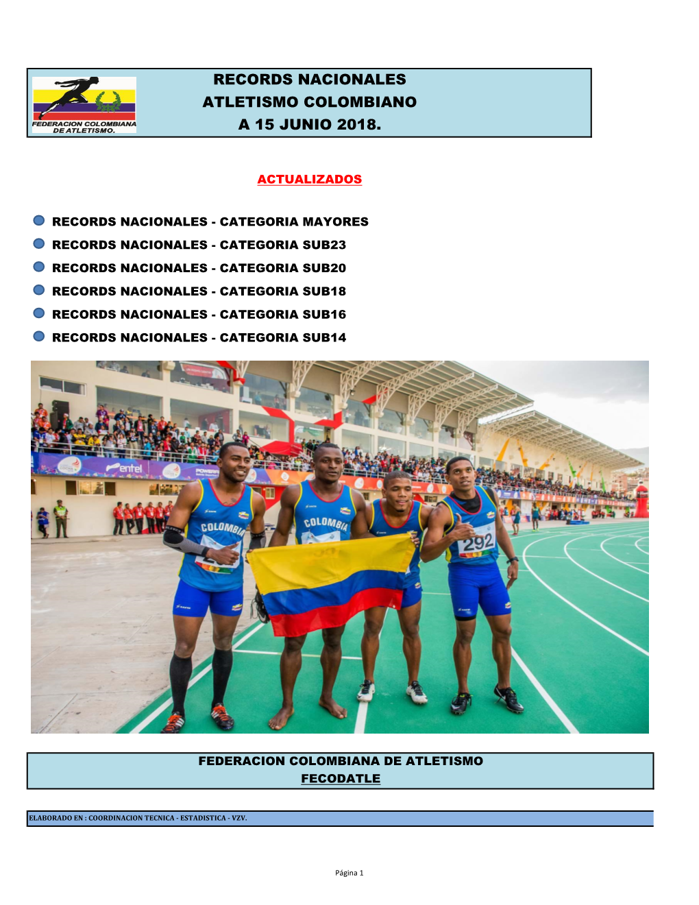 Records Nacionales Atletismo Colombiano a 15 Junio 2018