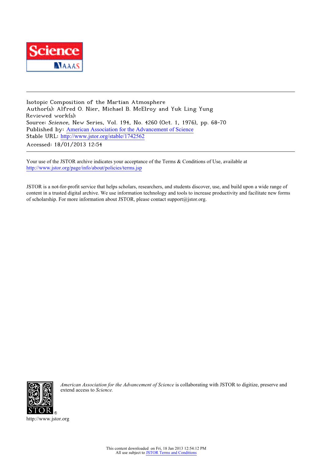 Isotopic Composition of the Martian Atmosphere Author(S): Alfred O