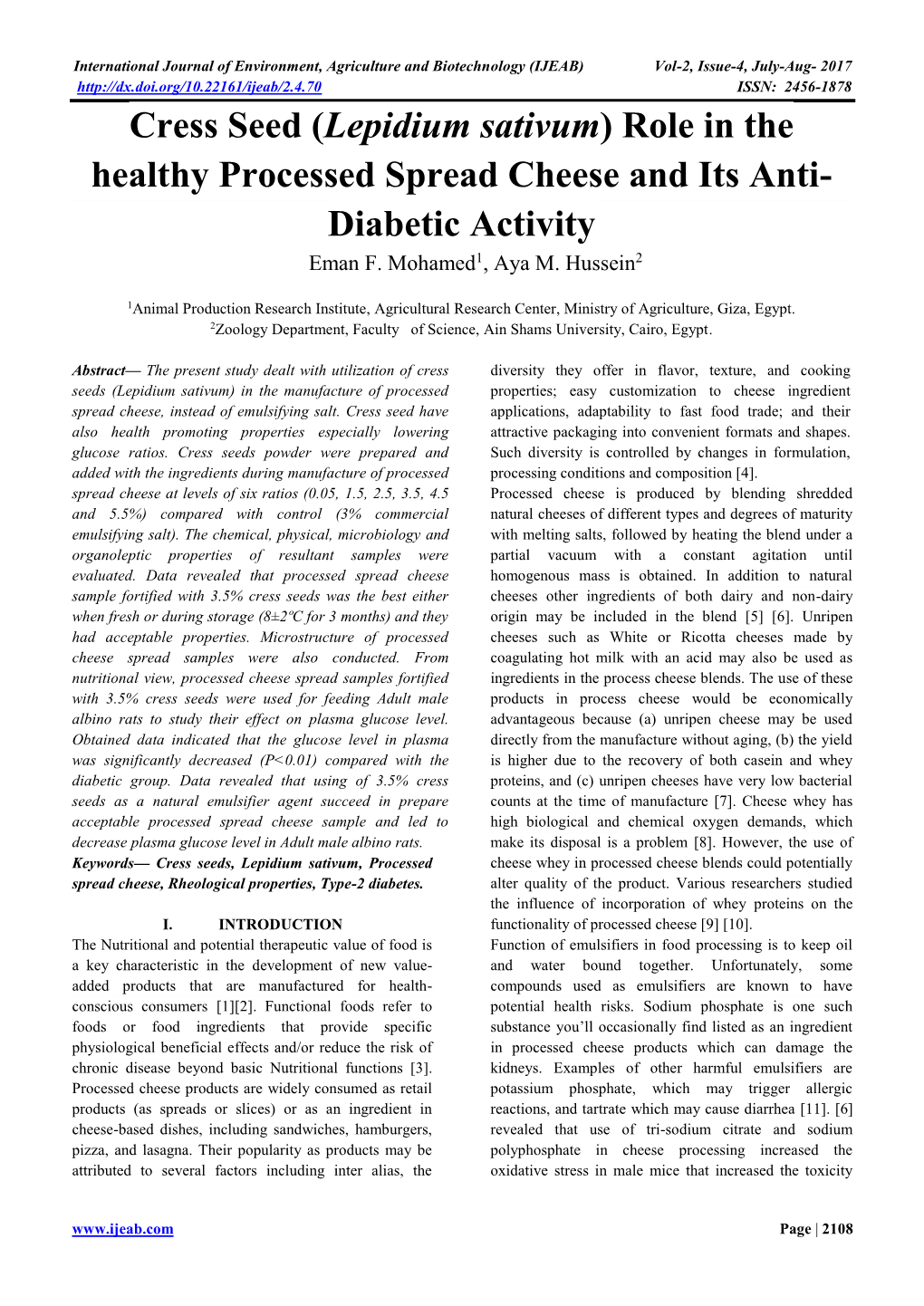 Cress Seed (Lepidium Sativum) Role in the Healthy Processed Spread Cheese and Its Anti- Diabetic Activity Eman F