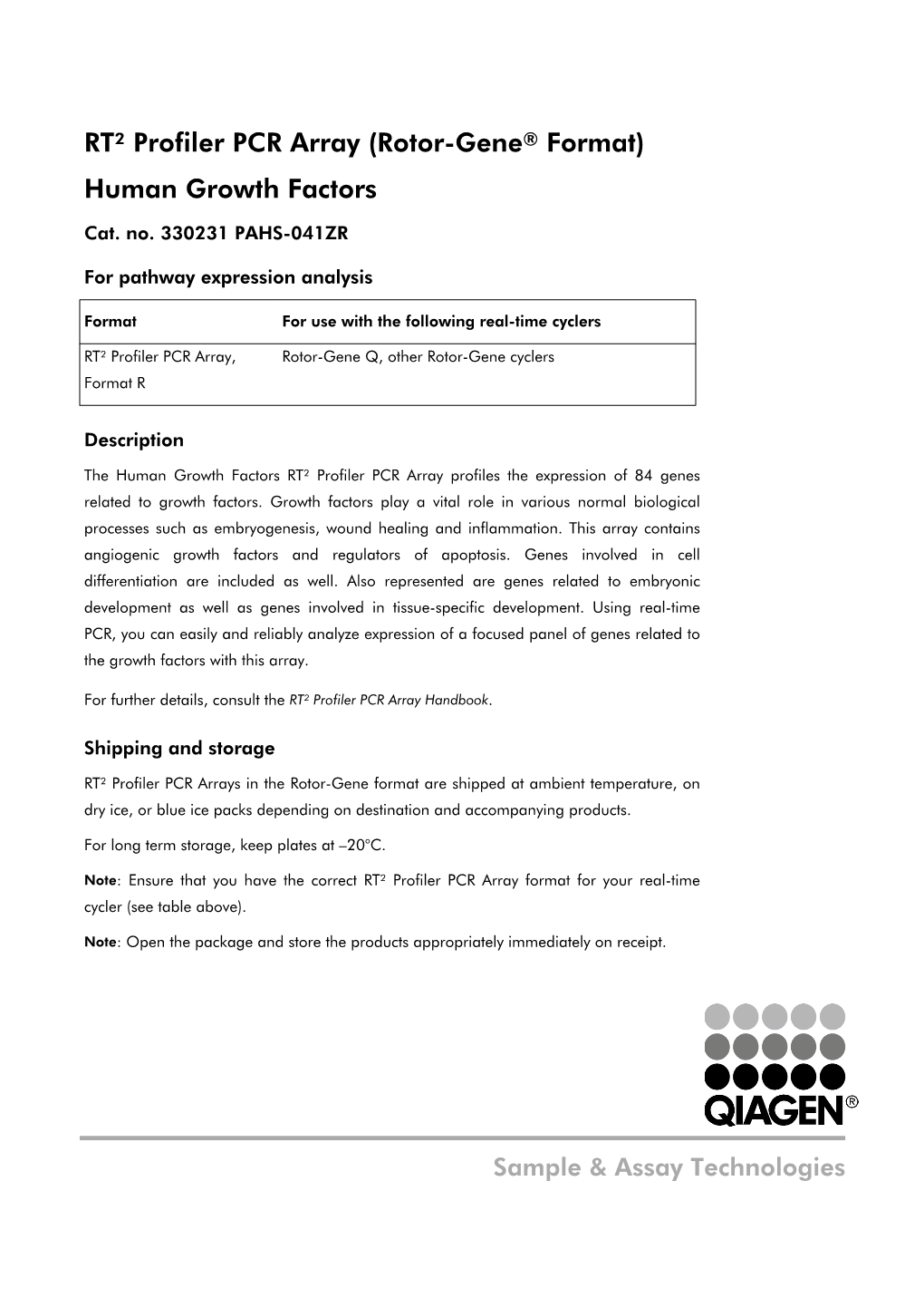 RT² Profiler PCR Array (Rotor-Gene® Format) Human Growth Factors