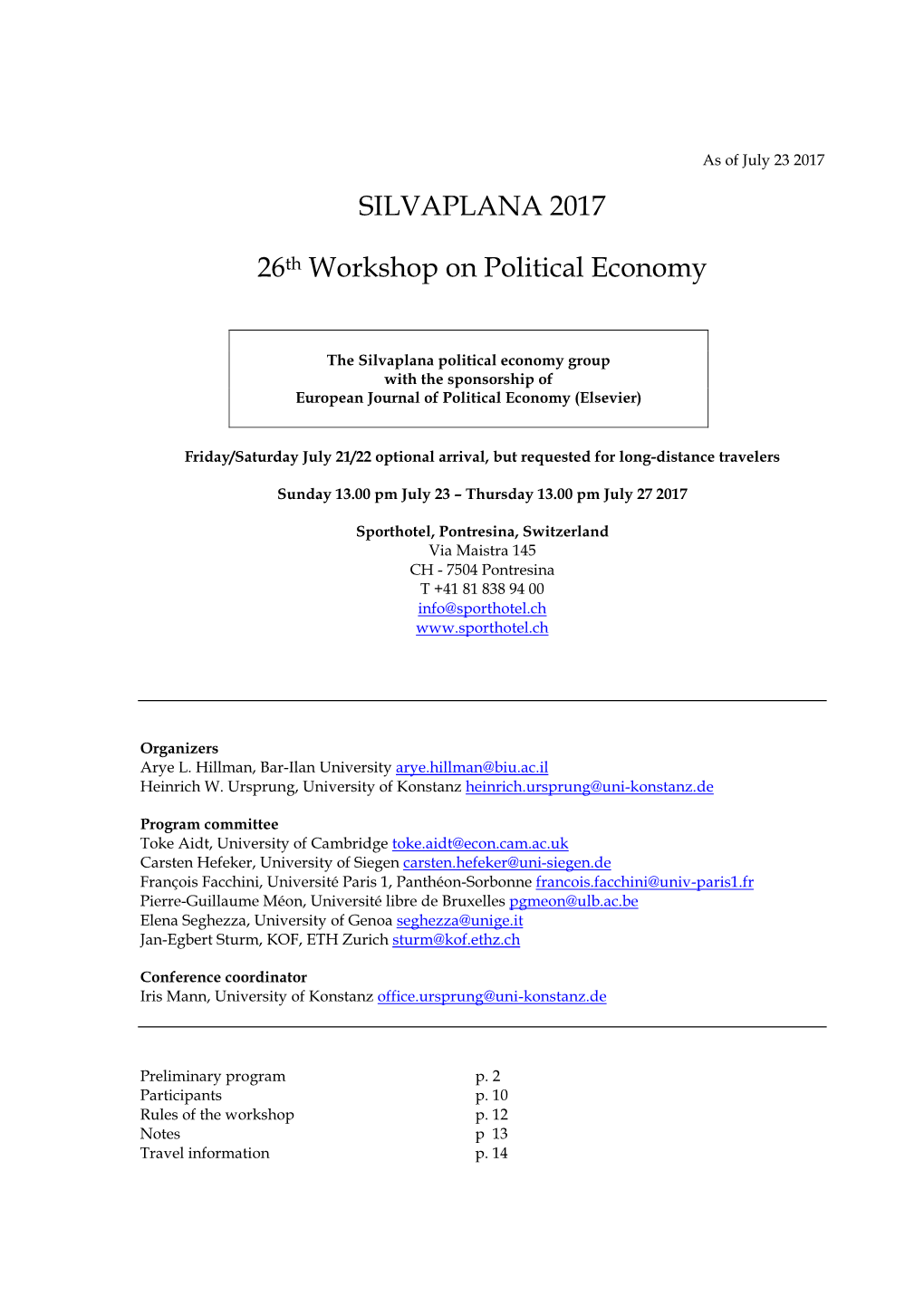 SILVAPLANA 2017 26Th Workshop on Political Economy