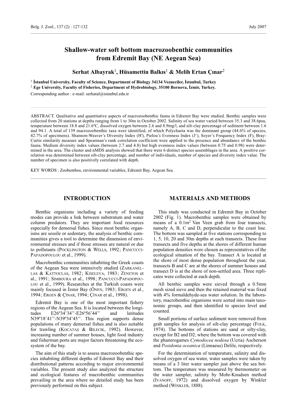 Shallow-Water Soft Bottom Macrozoobenthic Communities from Edremit Bay (NE Aegean Sea)