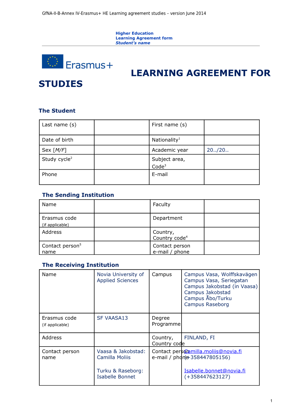 Gfna-II-B-Annex IV-Erasmus+ HE Learning Agreement Studies Version June 2014