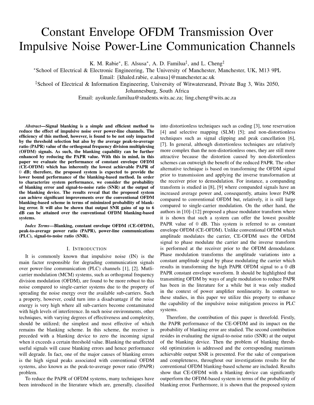 Constant Envelope OFDM Transmission Over Impulsive Noise Power-Line Communication Channels