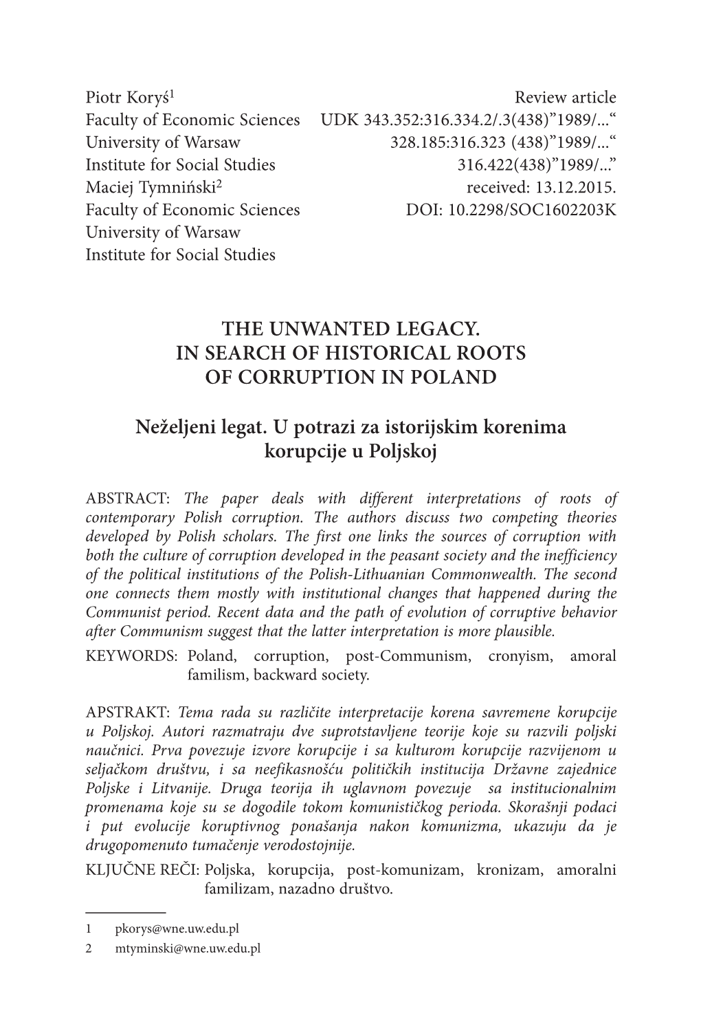 The Unwanted Legacy. in Search of Historical Roots of Corruption in Poland