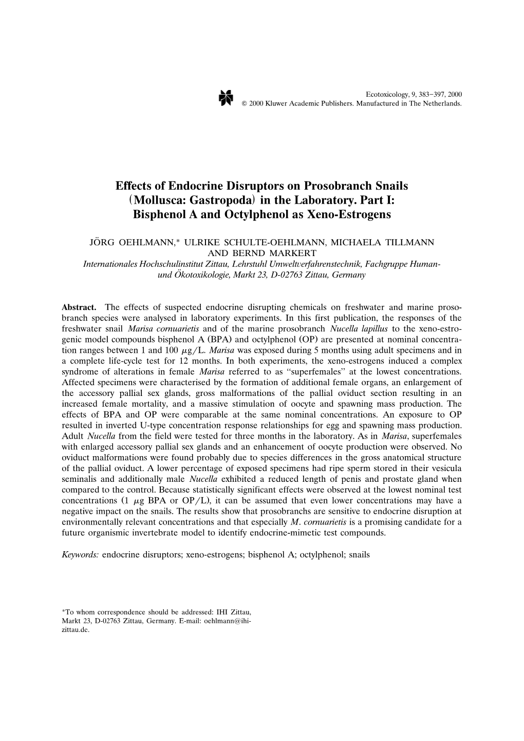 Effects of Endocrine Disruptors on Prosobranch Snails ( ) Mollusca