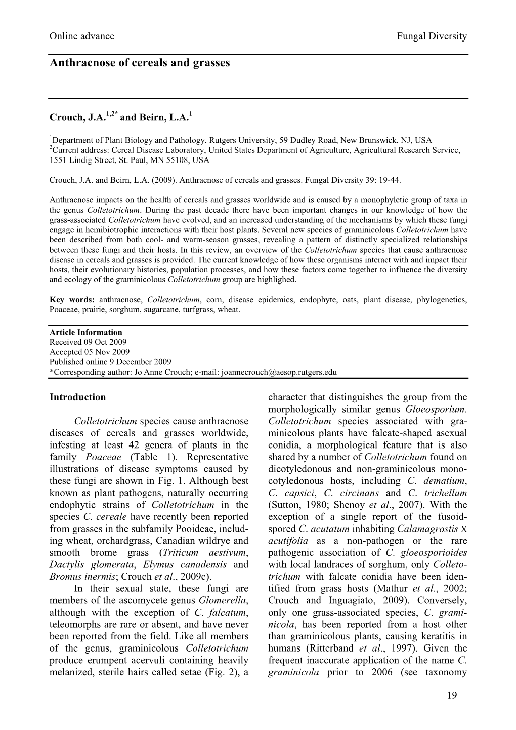 Anthracnose of Cereals and Grasses