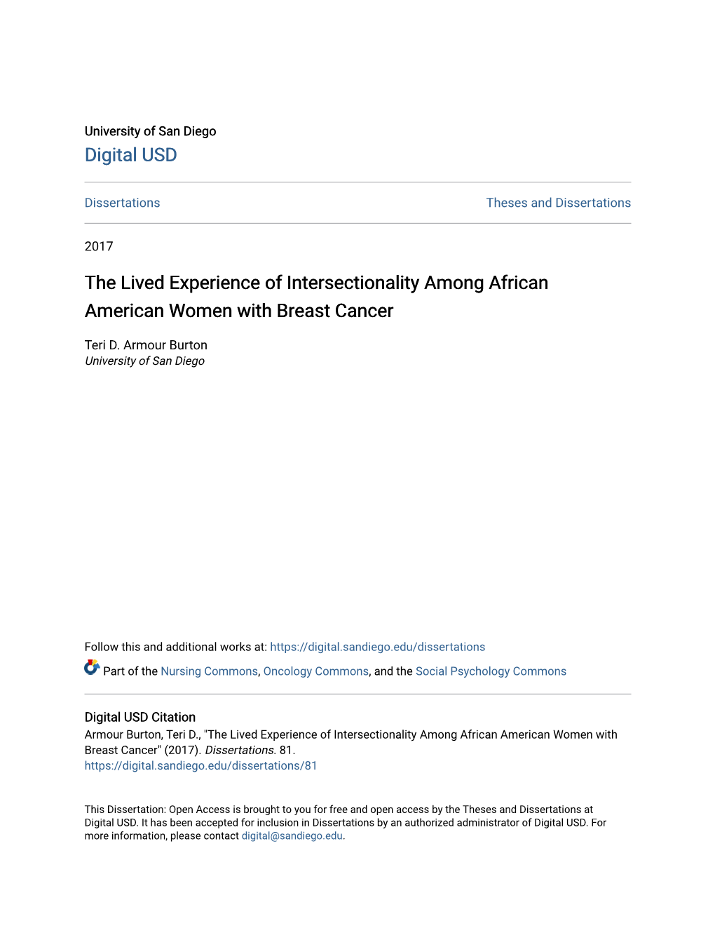 The Lived Experience of Intersectionality Among African American Women with Breast Cancer