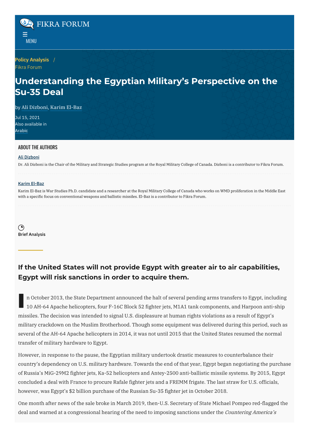 Understanding the Egyptian Military's