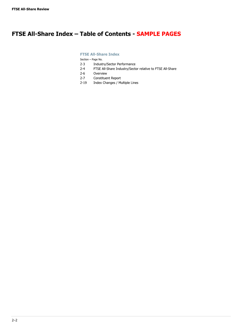 FTSE All-Share Index – Table of Contents - SAMPLE PAGES