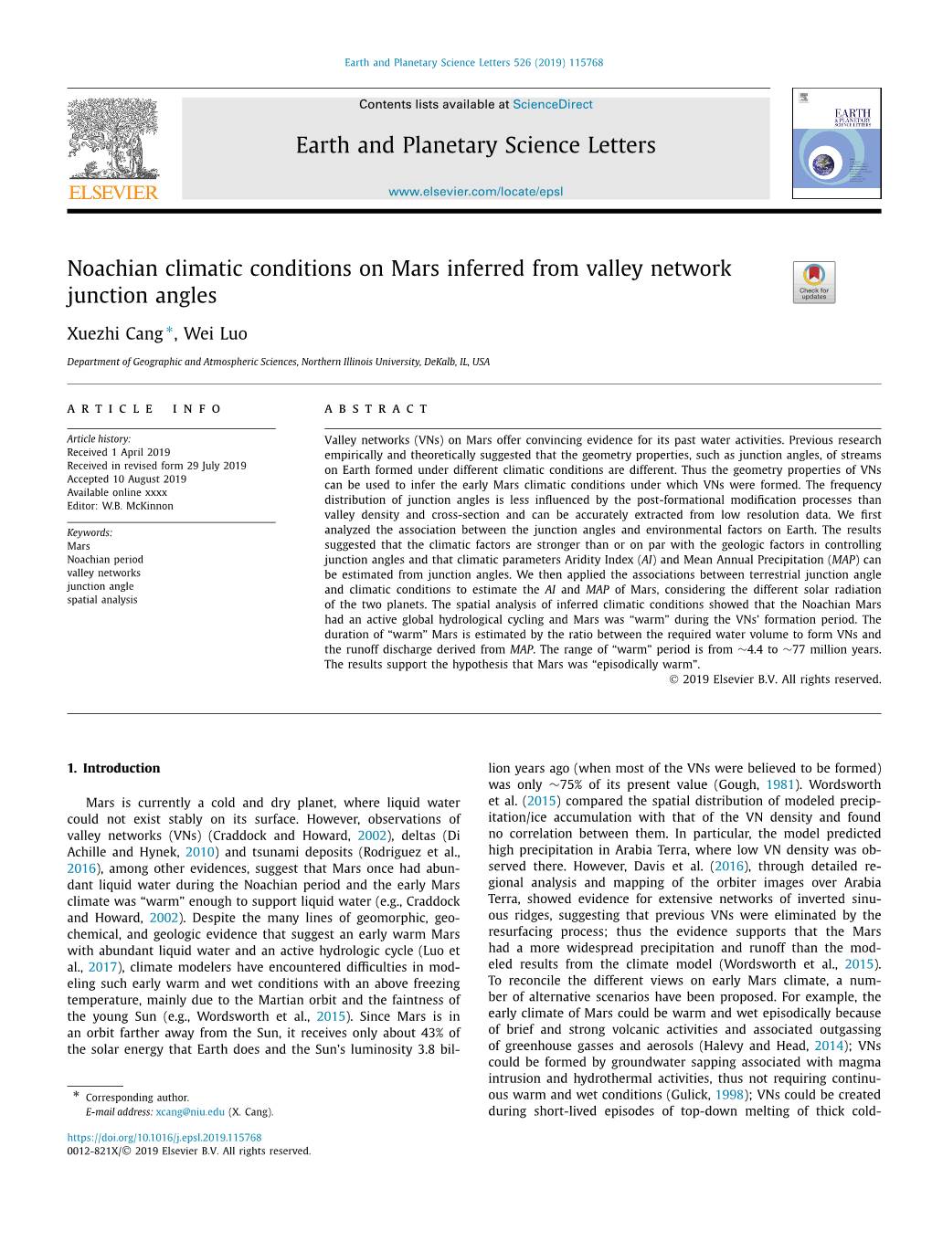 Noachian Climatic Conditions on Mars Inferred from Valley Network Junction Angles ∗ Xuezhi Cang , Wei Luo