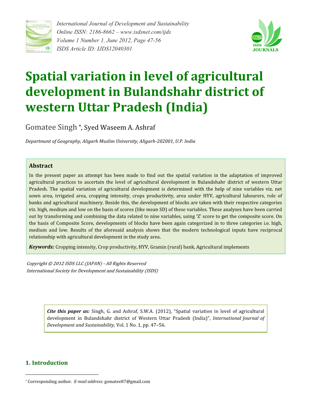 Spatial Variation in Level of Agricultural Development in Bulandshahr District of Western Uttar Pradesh (India)