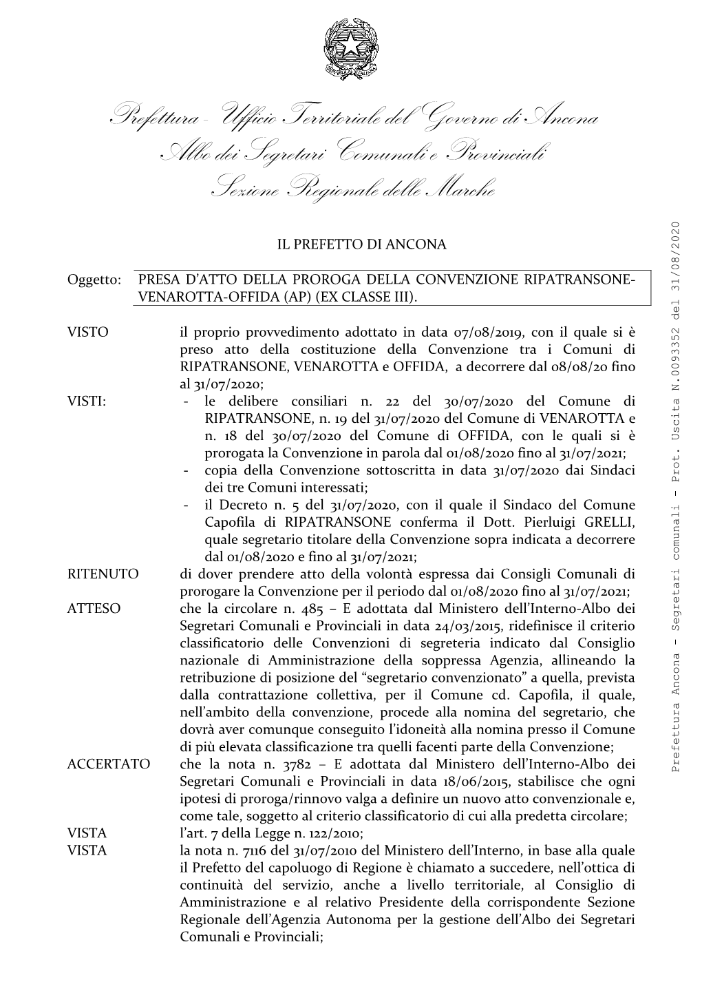 Prefettura - Ufficio Territoriale Del Governo Di Ancona Albo Dei Segretari Comunali E Provinciali Sezione Regionale Delle Marche