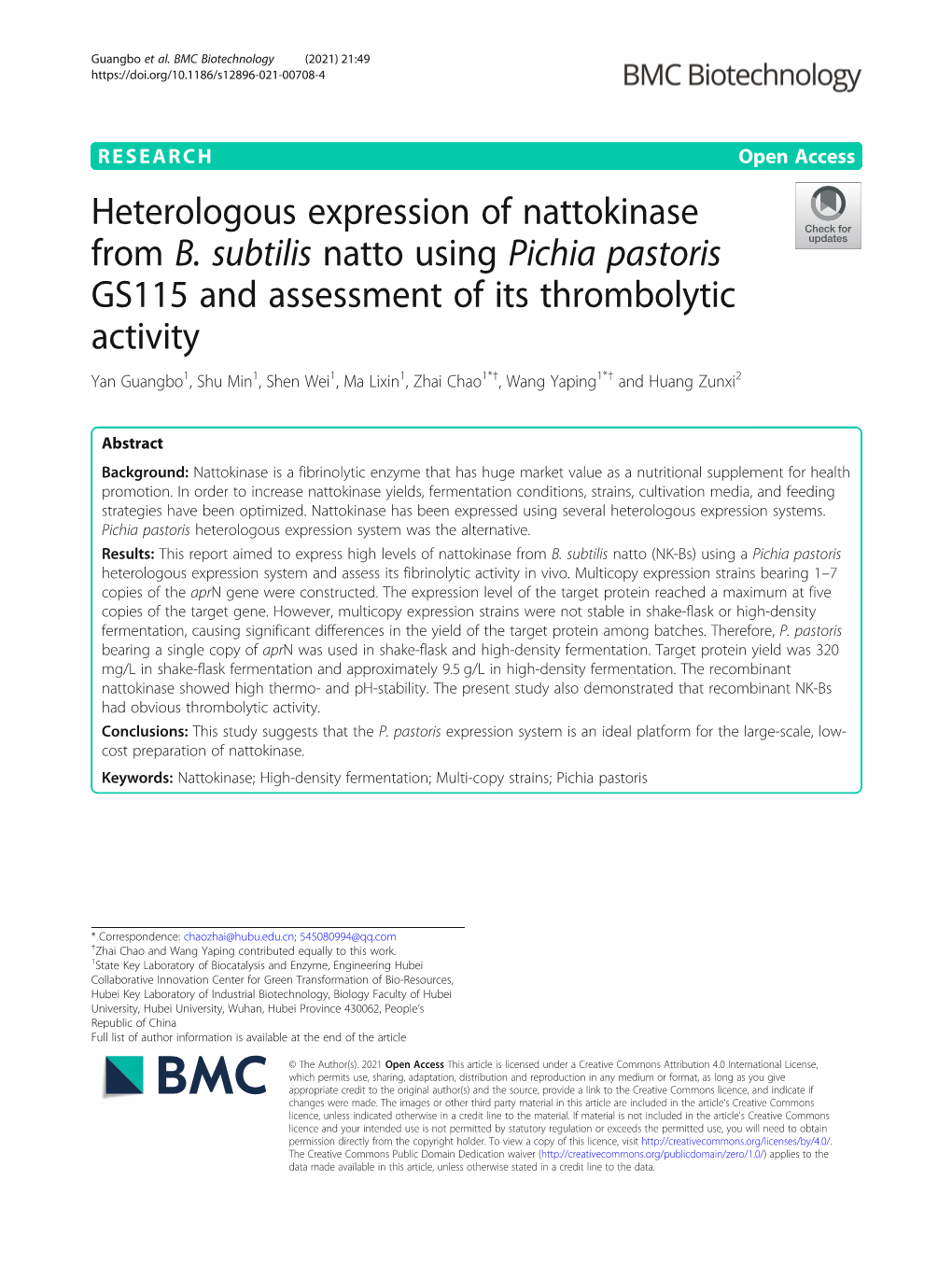 Heterologous Expression of Nattokinase from B. Subtilis Natto