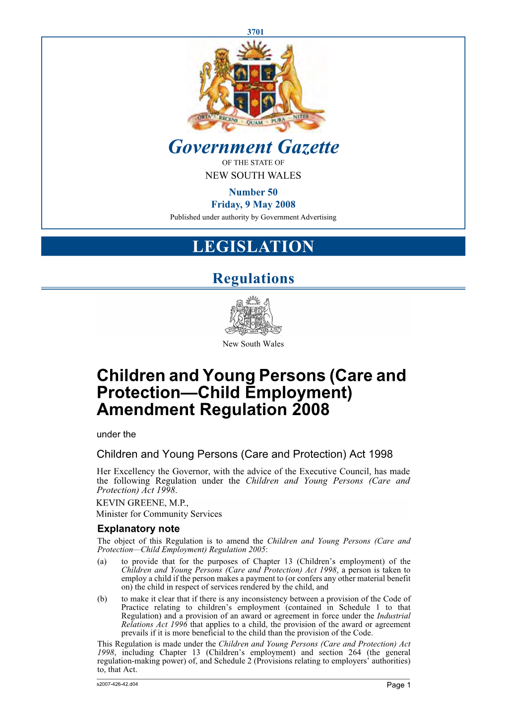 Government Gazette of the STATE of NEW SOUTH WALES Number 50 Friday, 9 May 2008 Published Under Authority by Government Advertising