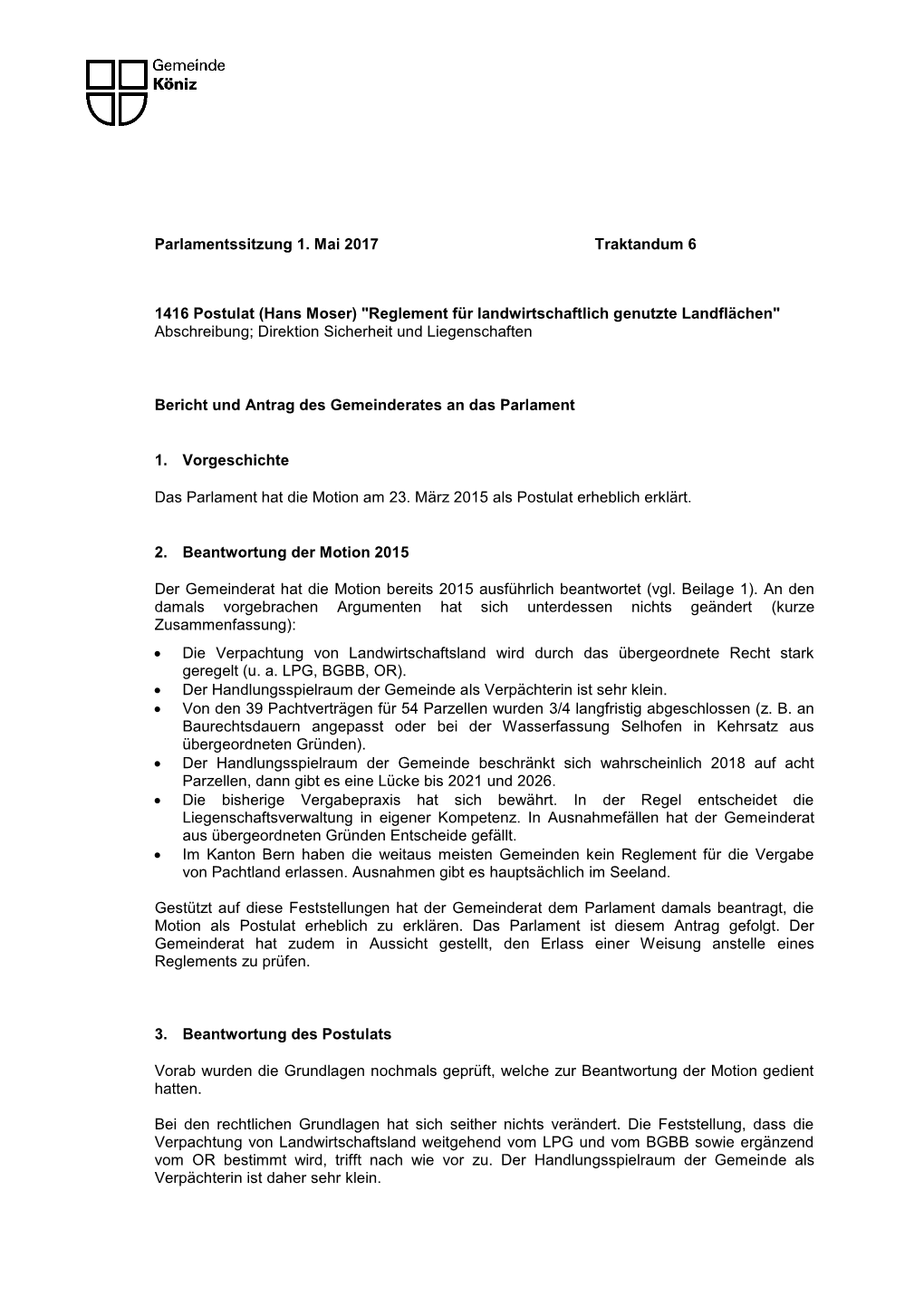(Hans Moser) "Reglement Für Landwirtschaftlich Genutzte Landflächen" Abschreibung; Direktion Sicherheit Und Liegenschaften
