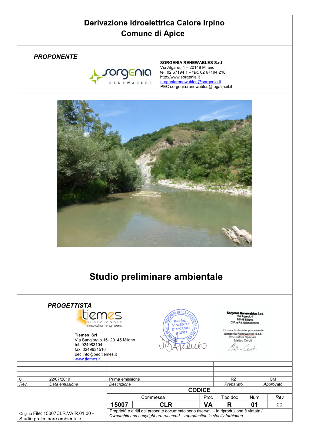 Derivazione Idroelettrica Calore Irpino Comune Di Apice (BN) Studio Preliminare Ambientale