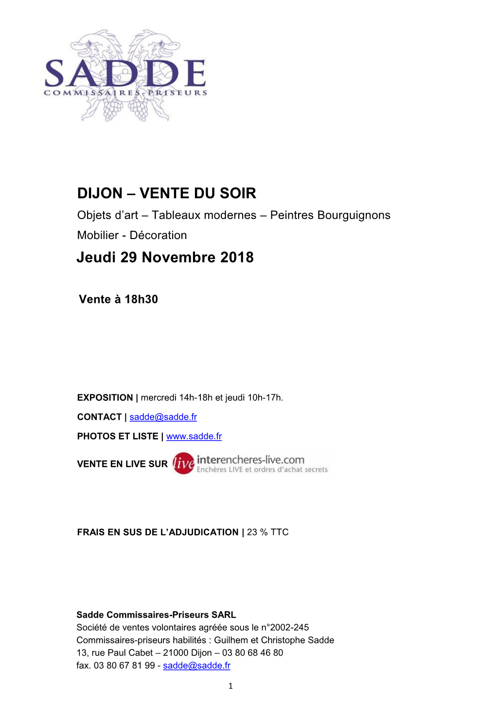 DIJON – VENTE DU SOIR Jeudi 29 Novembre 2018