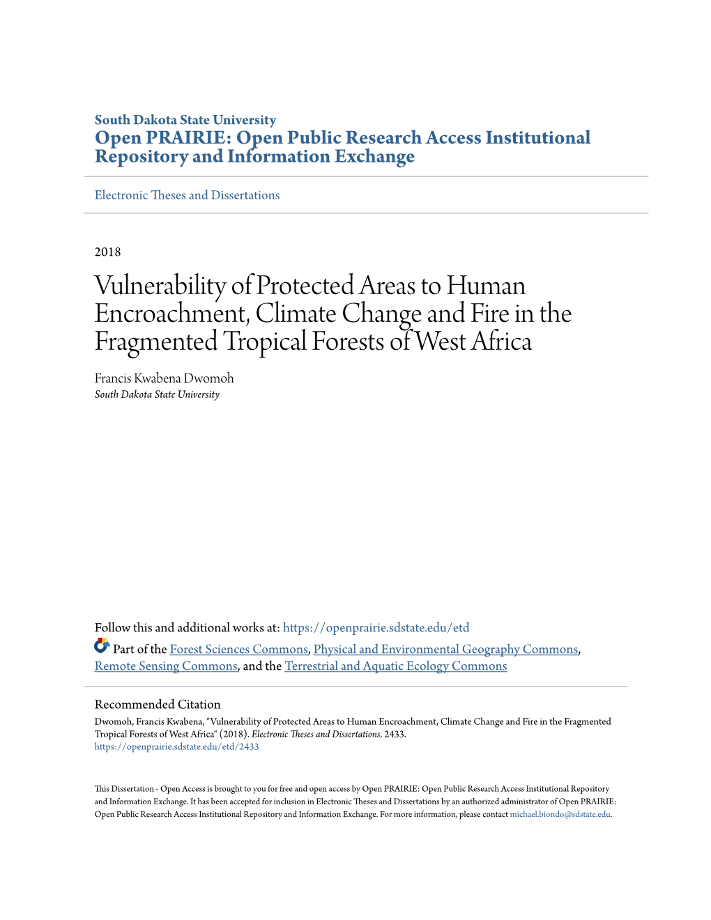 Vulnerability of Protected Areas to Human Encroachment, Climate