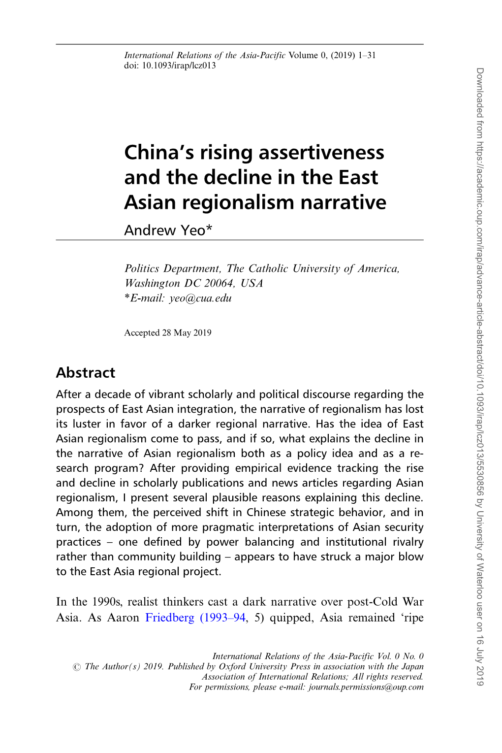 China's Rising Assertiveness and the Decline in the East Asian