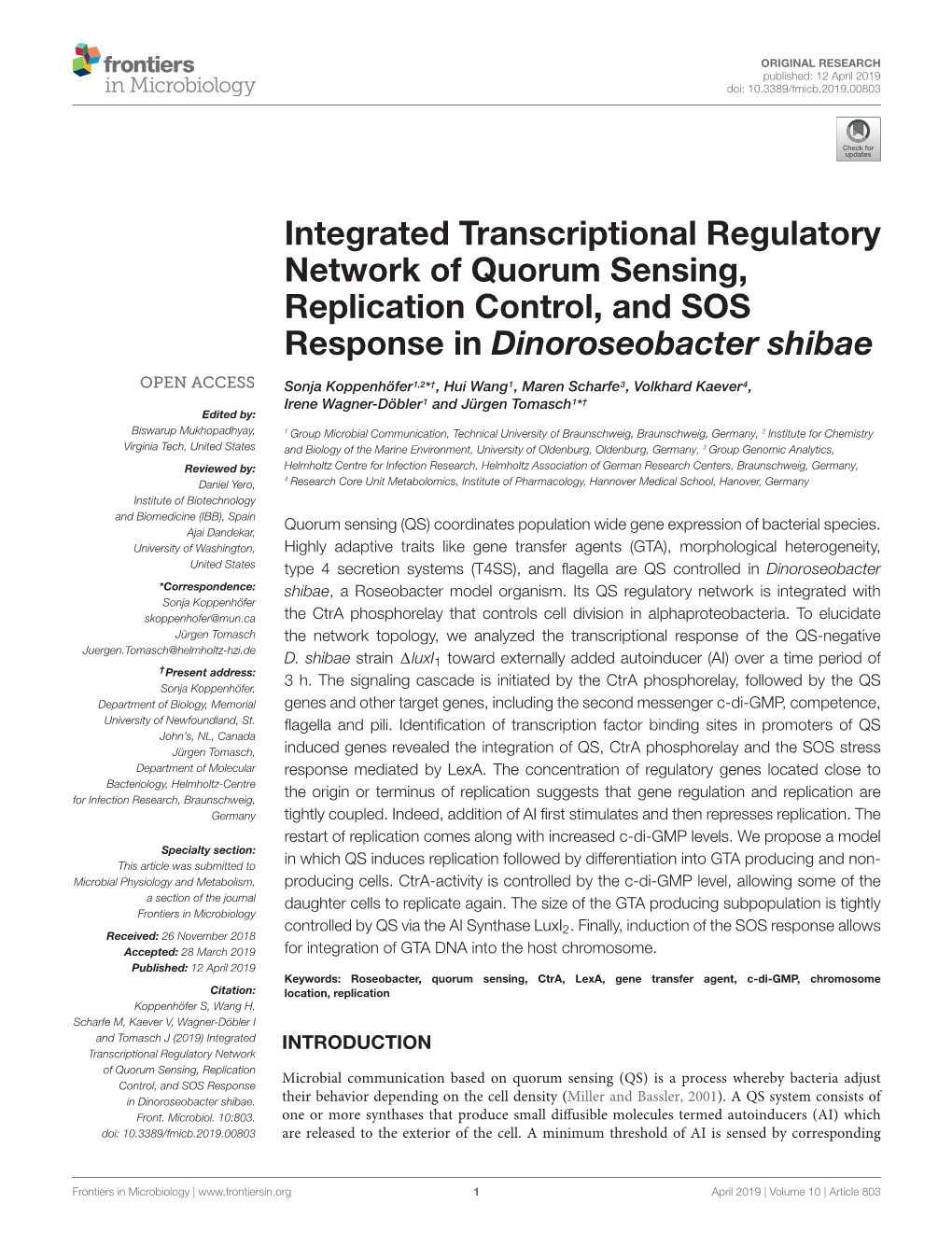 Integrated Transcriptional Regulatory Network of Quorum Sensing, Replication Control, and SOS Response in Dinoroseobacter Shibae