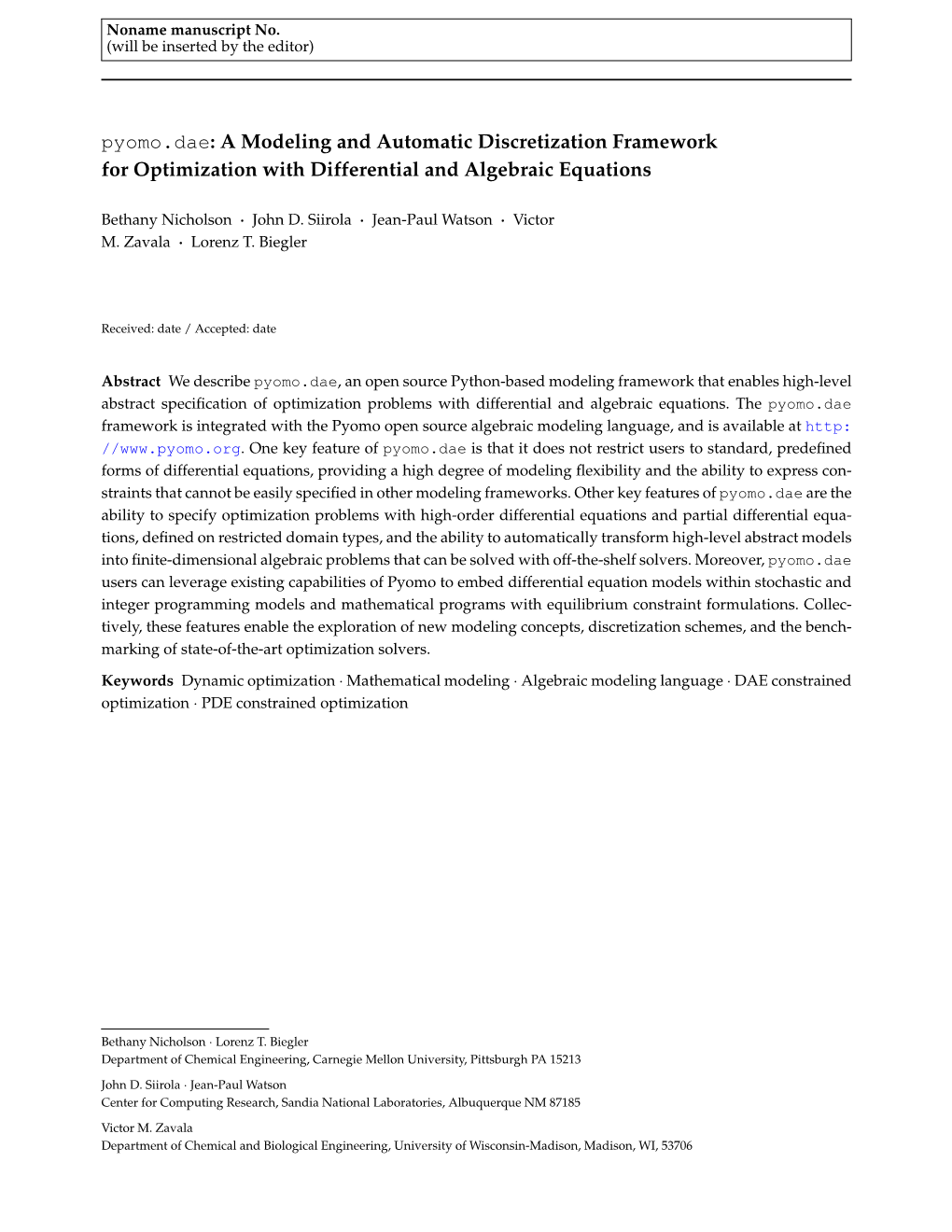 Pyomo.Dae: a Modeling and Automatic Discretization Framework for Optimization with Differential and Algebraic Equations
