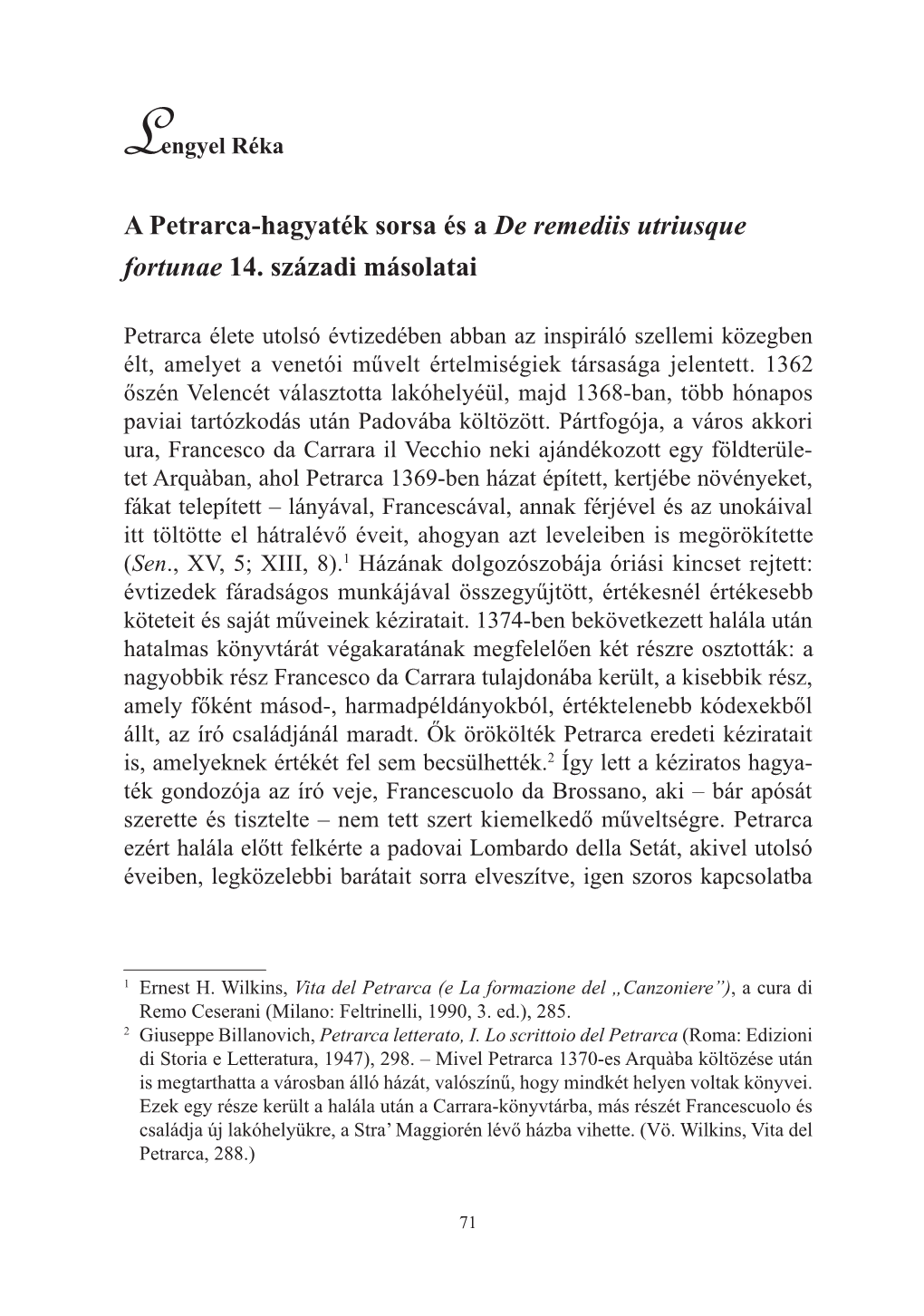 A Petrarca-Hagyaték Sorsa És a De Remediis Utriusque Fortunae 14