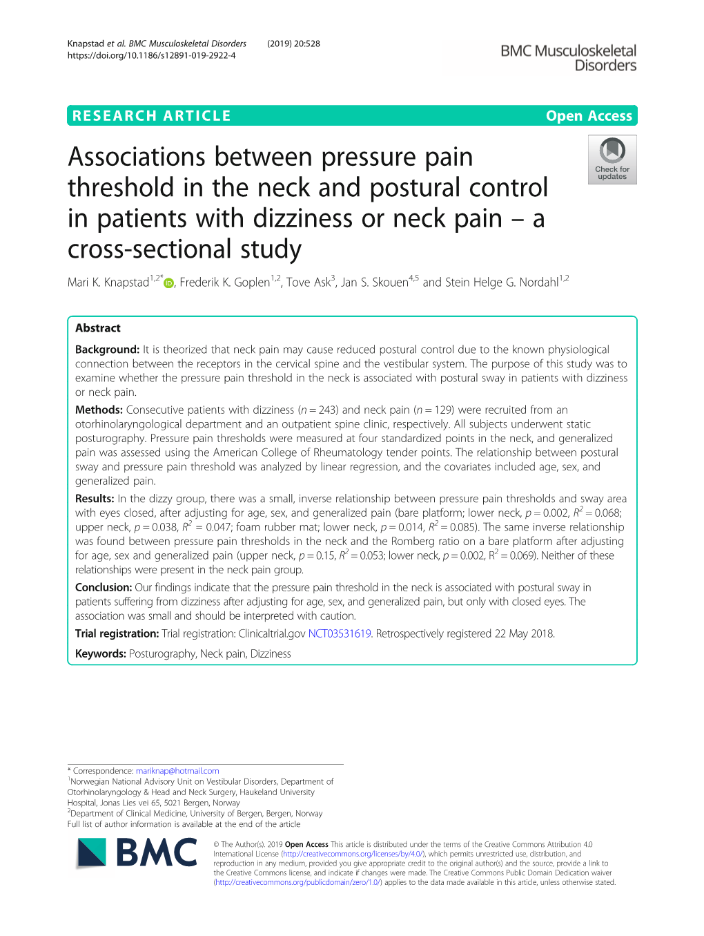 Associations Between Pressure Pain Threshold in the Neck and Postural Control in Patients with Dizziness Or Neck Pain – a Cross-Sectional Study Mari K