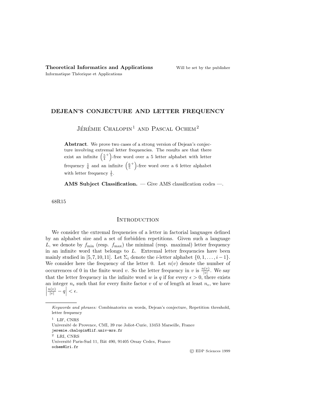 Dejean's Conjecture and Letter Frequency