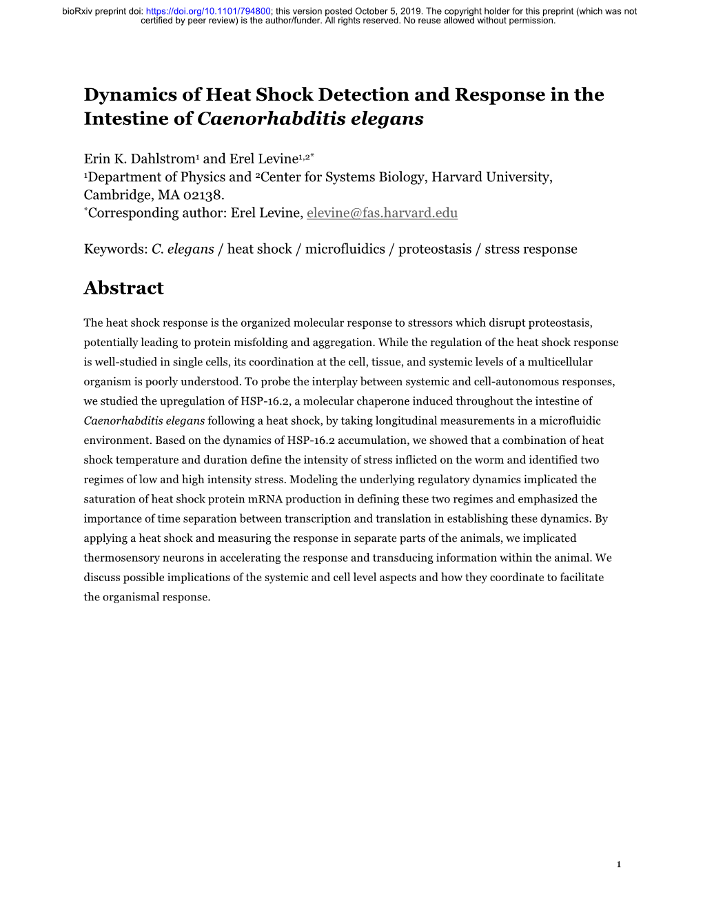 Dynamics of Heat Shock Detection and Response in the Intestine of Caenorhabditis Elegans