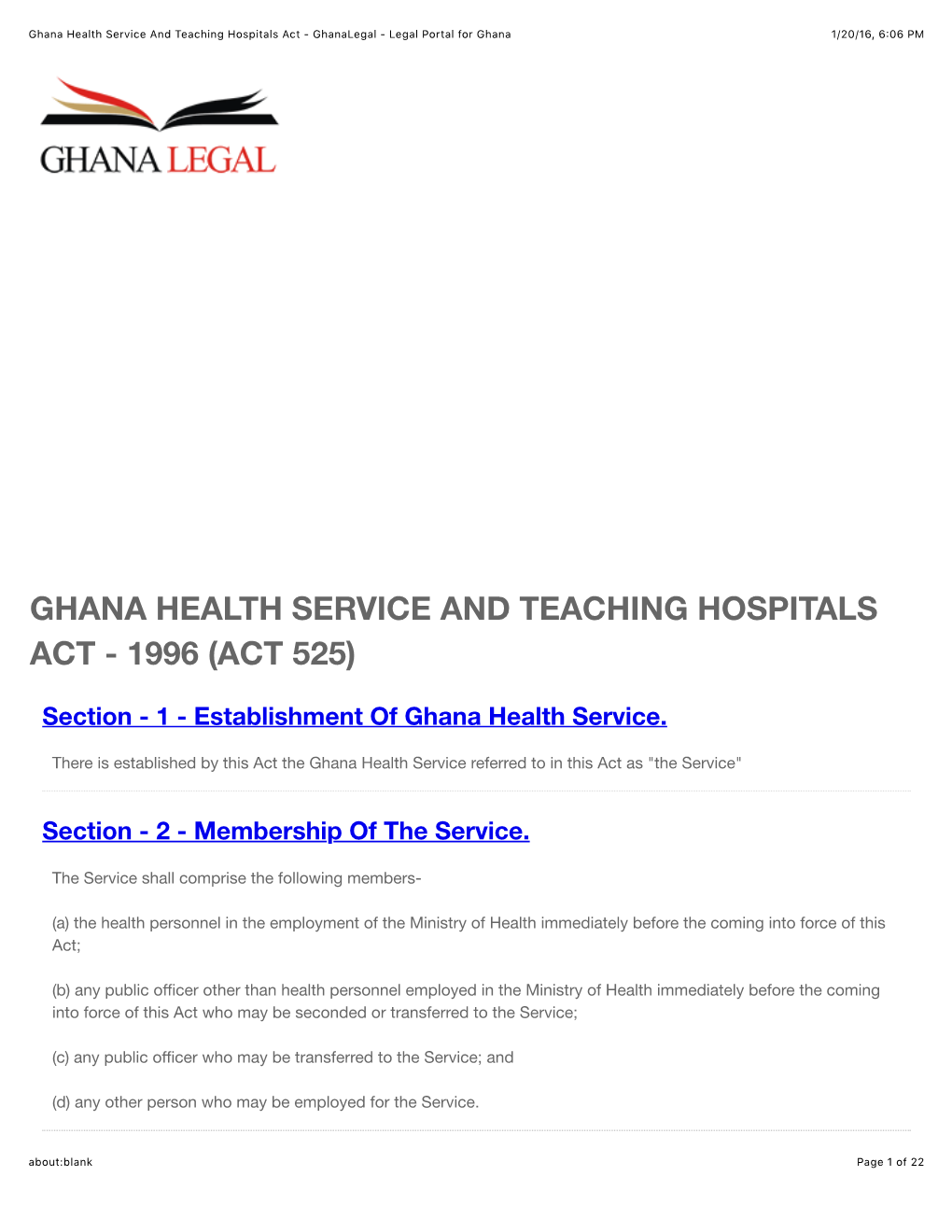 Ghana Health Service and Teaching Hospitals Act - Ghanalegal - Legal Portal for Ghana 1/20/16, 6:06 PM